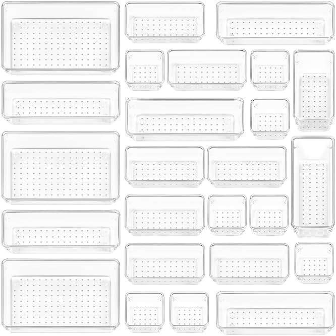 Vtopmart 25 PCS Clear Plastic Drawer Organizers Set, 4-Size Versatile Bathroom and Vanity Drawer Organizer Trays, Storage Bins for Makeup, Bedroom, Kitchen Gadgets Utensils and Office - Image 1