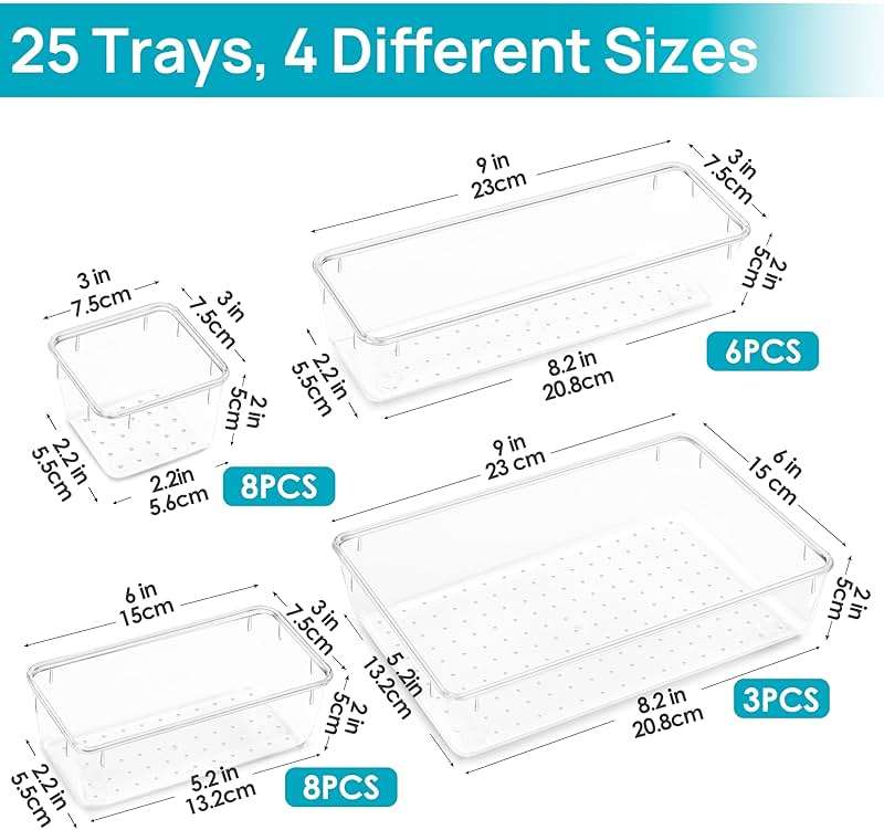 Vtopmart 25 PCS Clear Plastic Drawer Organizers Set, 4-Size Versatile Bathroom and Vanity Drawer Organizer Trays, Storage Bins for Makeup, Bedroom, Kitchen Gadgets Utensils and Office - Image 2