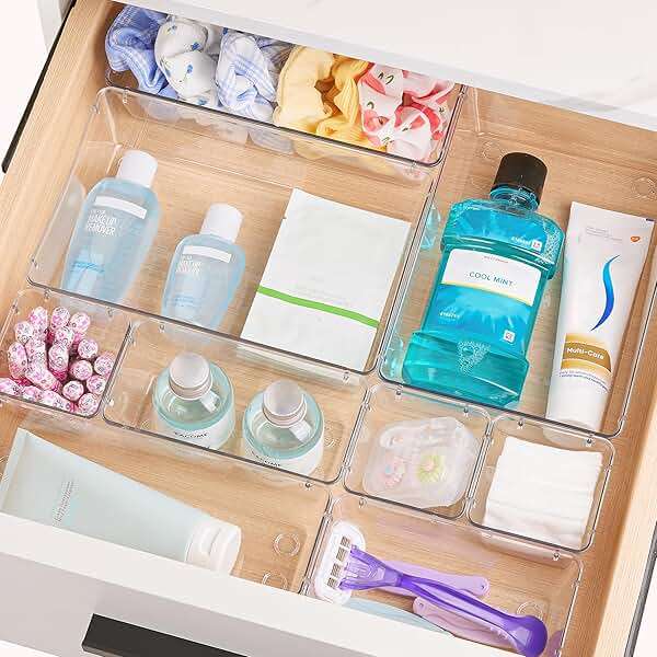 Vtopmart 25 PCS Clear Plastic Drawer Organizers Set, 4-Size Versatile Bathroom and Vanity Drawer Organizer Trays, Storage Bins for Makeup, Bedroom, Kitchen Gadgets Utensils and Office - Image 5
