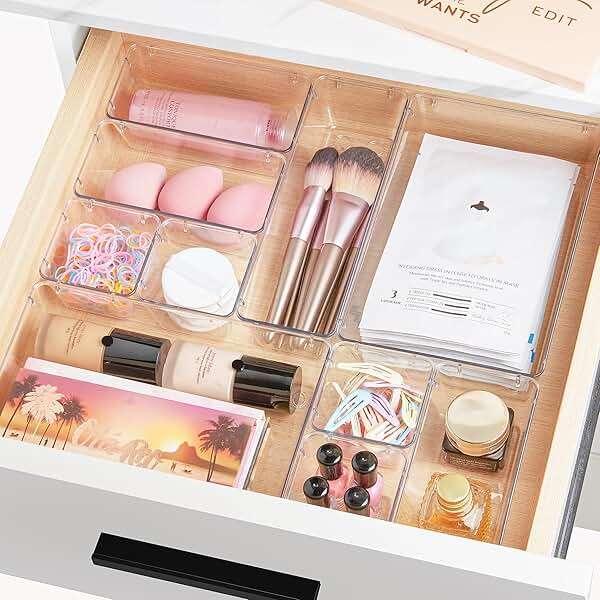 Vtopmart 25 PCS Clear Plastic Drawer Organizers Set, 4-Size Versatile Bathroom and Vanity Drawer Organizer Trays, Storage Bins for Makeup, Bedroom, Kitchen Gadgets Utensils and Office - Image 8