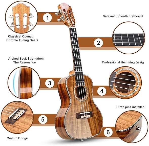 Hricane Concert Ukulele 23 inch UKS-2, 4 Strings Ukeleles For Beginners, Sapele Hawaiian Ukele with Ukulele Case and Ukele String Set (Koa Glossy) - Image 2
