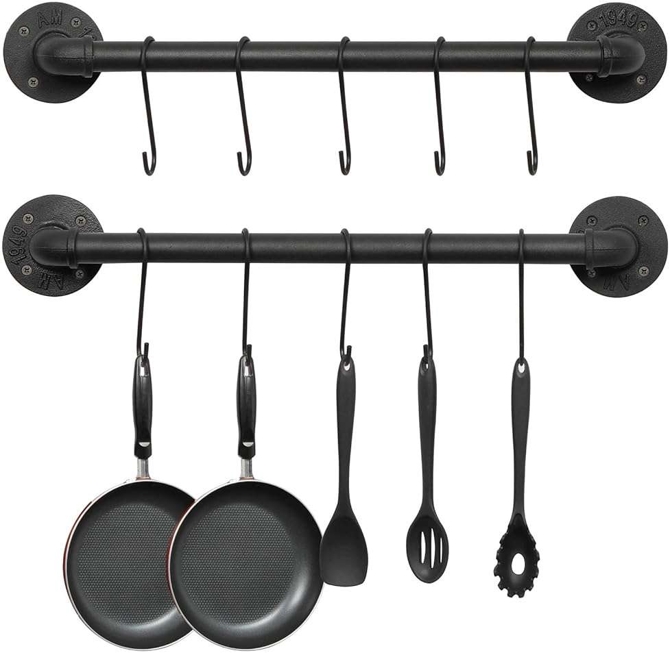 OROPY Wall Mounted Pot Pan Rack 21'' Set of 2, Industrial Utensils Wall Hanger Iron Pipe Kitchen Hanging Rail with 10 S Hooks - Image 1