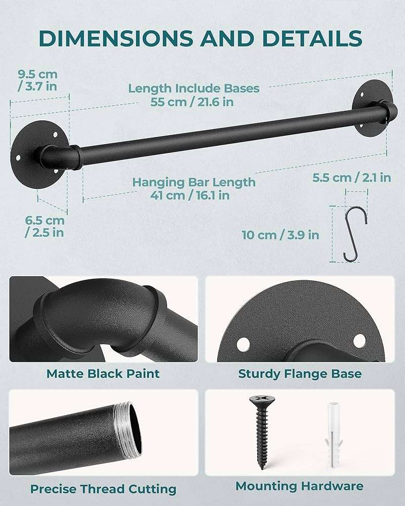 OROPY Wall Mounted Pot Pan Rack 21'' Set of 2, Industrial Utensils Wall Hanger Iron Pipe Kitchen Hanging Rail with 10 S Hooks - Image 3