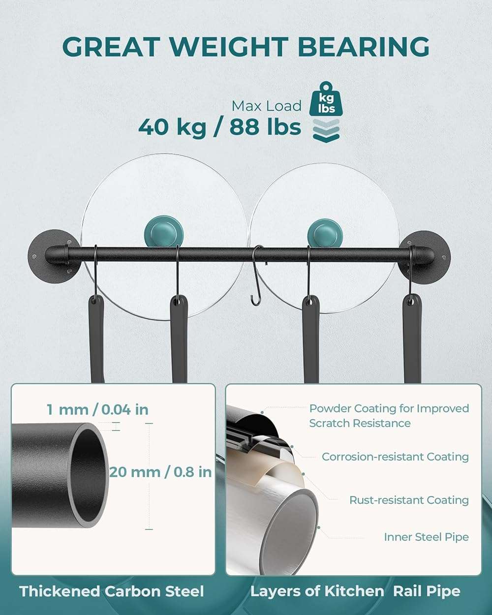 OROPY Wall Mounted Pot Pan Rack 21'' Set of 2, Industrial Utensils Wall Hanger Iron Pipe Kitchen Hanging Rail with 10 S Hooks - Image 5