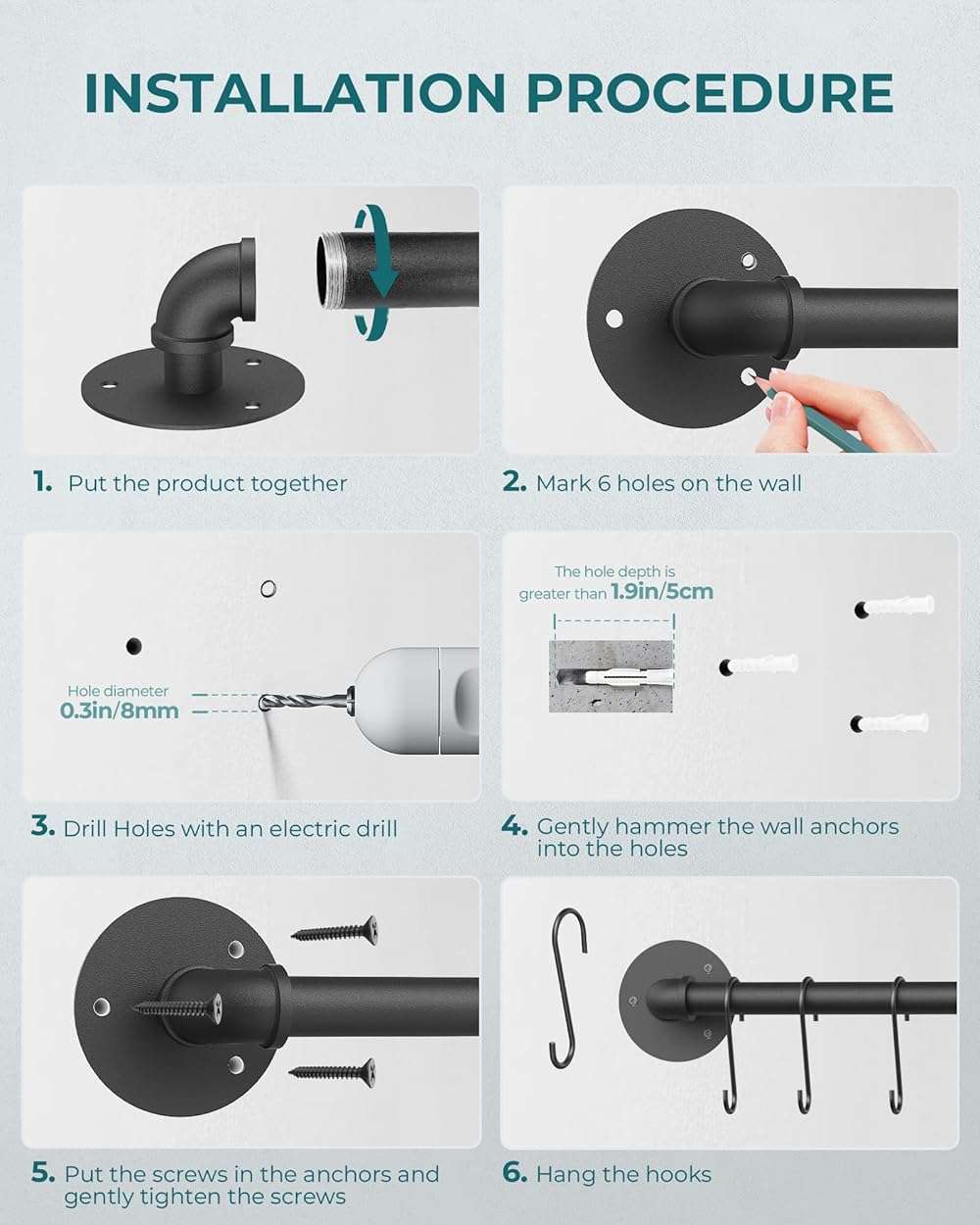 OROPY Wall Mounted Pot Pan Rack 21'' Set of 2, Industrial Utensils Wall Hanger Iron Pipe Kitchen Hanging Rail with 10 S Hooks - Image 6