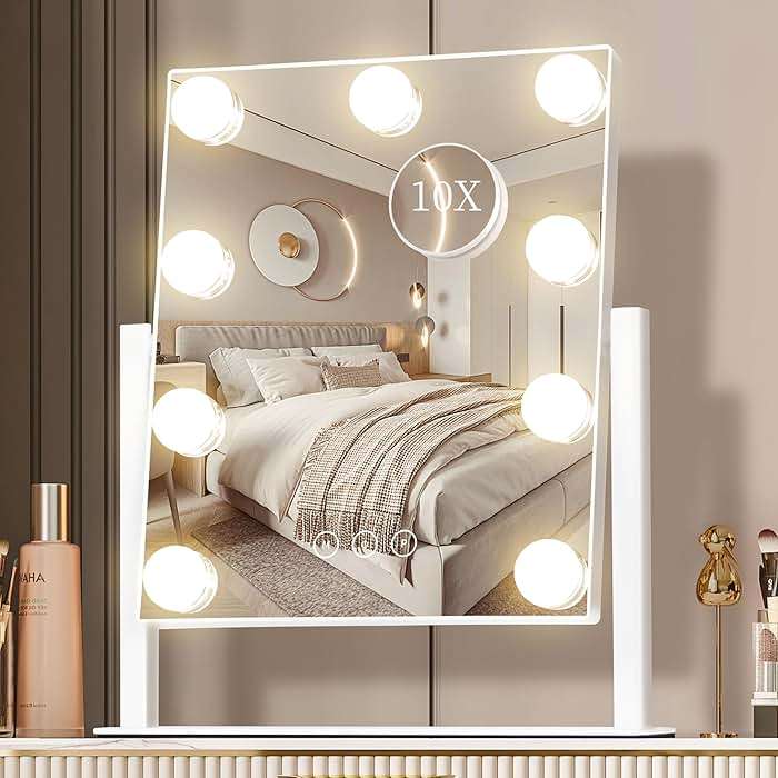 NUSVAN Vanity Mirror with Lights, Makeup Mirror with Lights,3 Color Lighting Modes Detachable 10X Magnification Mirror Touch Control,360°Rotation, White. - Image 1