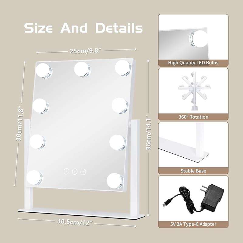 NUSVAN Vanity Mirror with Lights, Makeup Mirror with Lights,3 Color Lighting Modes Detachable 10X Magnification Mirror Touch Control,360°Rotation, White. - Image 2