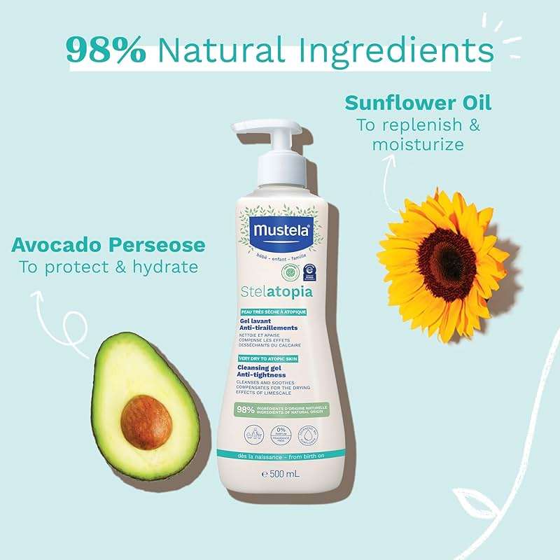 Mustela Stelatopia Eczema-Prone Skin Cleansing Gel - Baby Face & Body Wash with Natural Avocado & Sunflower Oil - Fragrance-Free & Tear Free - Image 4