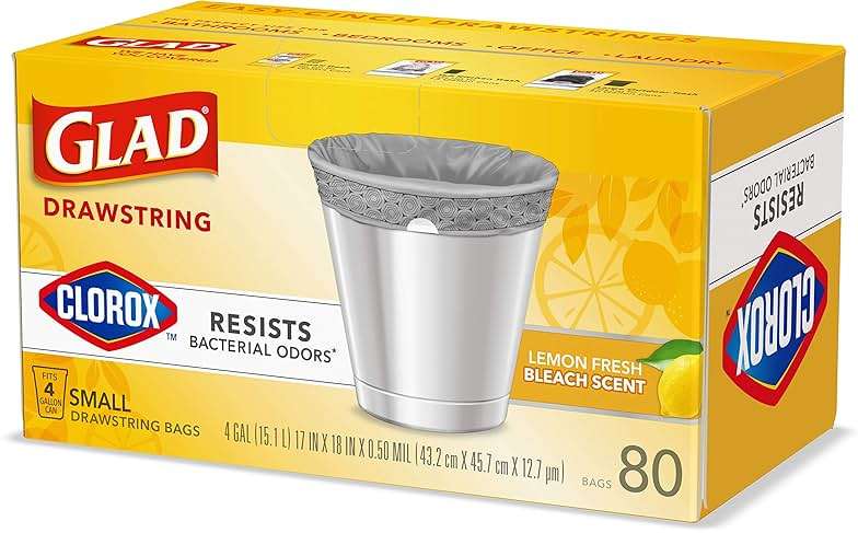 Glad Drawstring Trash Bags with Clorox, 4 Gal, Lemon Fresh Bleach, 80 Ct, 30 Pack (Package May Vary) - Image 13