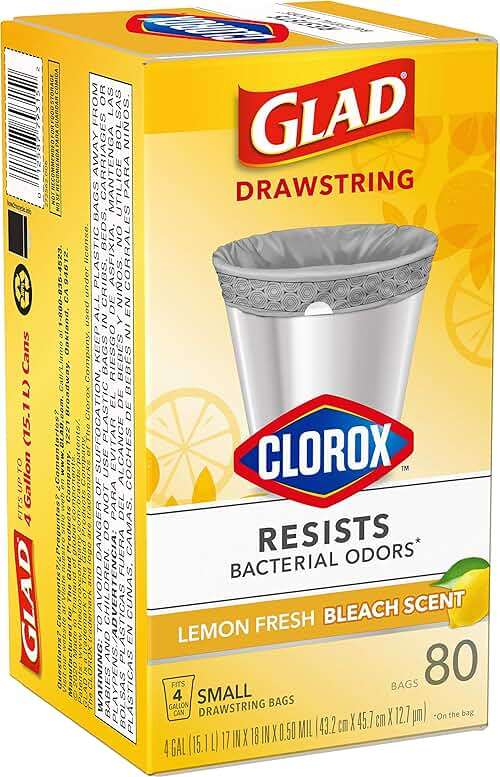 Glad Drawstring Trash Bags with Clorox, 4 Gal, Lemon Fresh Bleach, 80 Ct, 30 Pack (Package May Vary) - Image 14