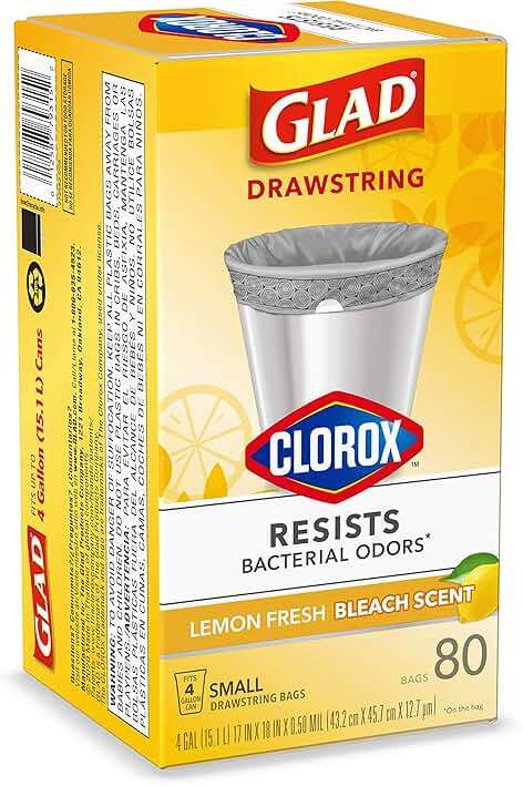 Glad Drawstring Trash Bags with Clorox, 4 Gal, Lemon Fresh Bleach, 80 Ct, 30 Pack (Package May Vary) - Image 15