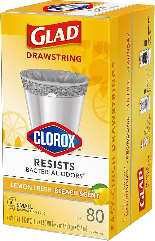 Glad Drawstring Trash Bags with Clorox, 4 Gal, Lemon Fresh Bleach, 80 Ct, 30 Pack (Package May Vary) - Image 16