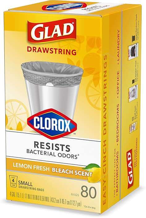 Glad Drawstring Trash Bags with Clorox, 4 Gal, Lemon Fresh Bleach, 80 Ct, 30 Pack (Package May Vary) - Image 17