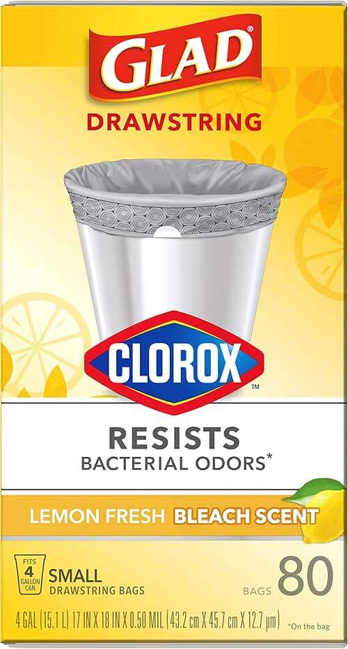 Glad Drawstring Trash Bags with Clorox, 4 Gal, Lemon Fresh Bleach, 80 Ct, 30 Pack (Package May Vary) - Image 19