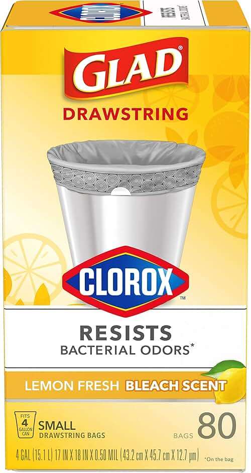 Glad Drawstring Trash Bags with Clorox, 4 Gal, Lemon Fresh Bleach, 80 Ct, 30 Pack (Package May Vary) - Image 20