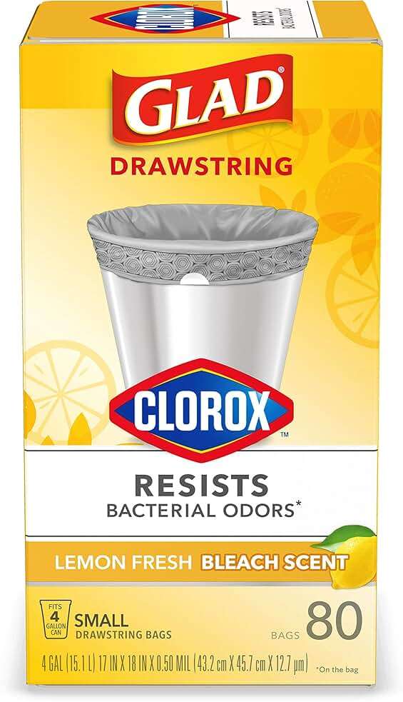 Glad Drawstring Trash Bags with Clorox, 4 Gal, Lemon Fresh Bleach, 80 Ct, 30 Pack (Package May Vary) - Image 21