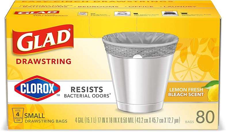 Glad Drawstring Trash Bags with Clorox, 4 Gal, Lemon Fresh Bleach, 80 Ct, 30 Pack (Package May Vary) - Image 23