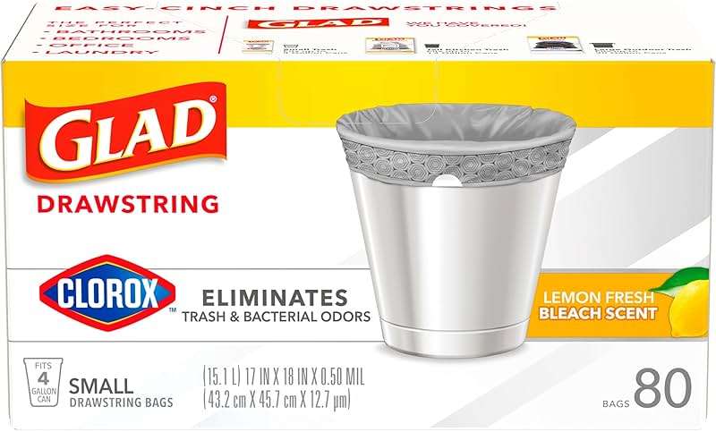 Glad Drawstring Trash Bags with Clorox, 4 Gal, Lemon Fresh Bleach, 80 Ct, 30 Pack (Package May Vary) - Image 8