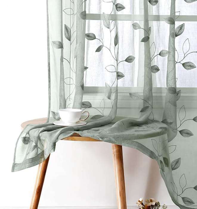 HOMEIDEAS Sage Green Sheer Curtains 52 X 63 Inches Length 2 Panels Embroidered Leaf Pattern Pocket Faux Linen Floral Semi Sheer Voile Window Curtains/Drapes for Bedroom Living Room - Image 1