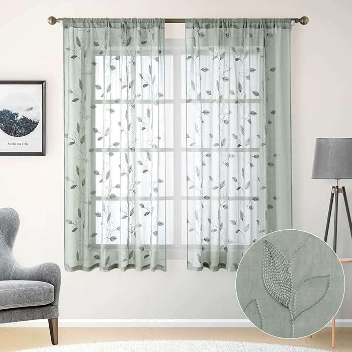 HOMEIDEAS Sage Green Sheer Curtains 52 X 63 Inches Length 2 Panels Embroidered Leaf Pattern Pocket Faux Linen Floral Semi Sheer Voile Window Curtains/Drapes for Bedroom Living Room - Image 4