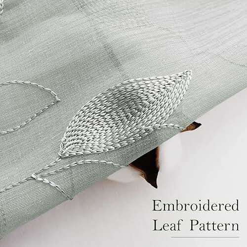 HOMEIDEAS Sage Green Sheer Curtains 52 X 63 Inches Length 2 Panels Embroidered Leaf Pattern Pocket Faux Linen Floral Semi Sheer Voile Window Curtains/Drapes for Bedroom Living Room - Image 5