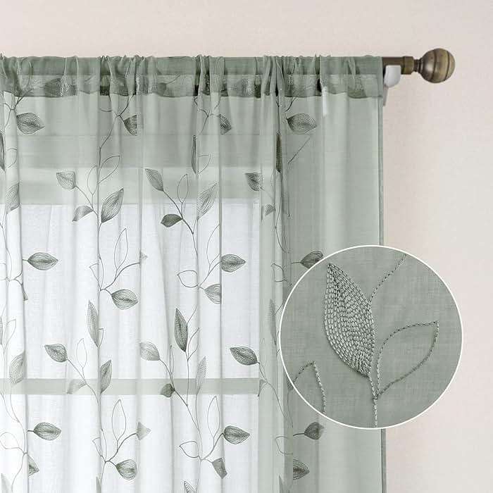 HOMEIDEAS Sage Green Sheer Curtains 52 X 63 Inches Length 2 Panels Embroidered Leaf Pattern Pocket Faux Linen Floral Semi Sheer Voile Window Curtains/Drapes for Bedroom Living Room - Image 6