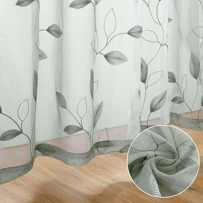 HOMEIDEAS Sage Green Sheer Curtains 52 X 63 Inches Length 2 Panels Embroidered Leaf Pattern Pocket Faux Linen Floral Semi Sheer Voile Window Curtains/Drapes for Bedroom Living Room - Image 9