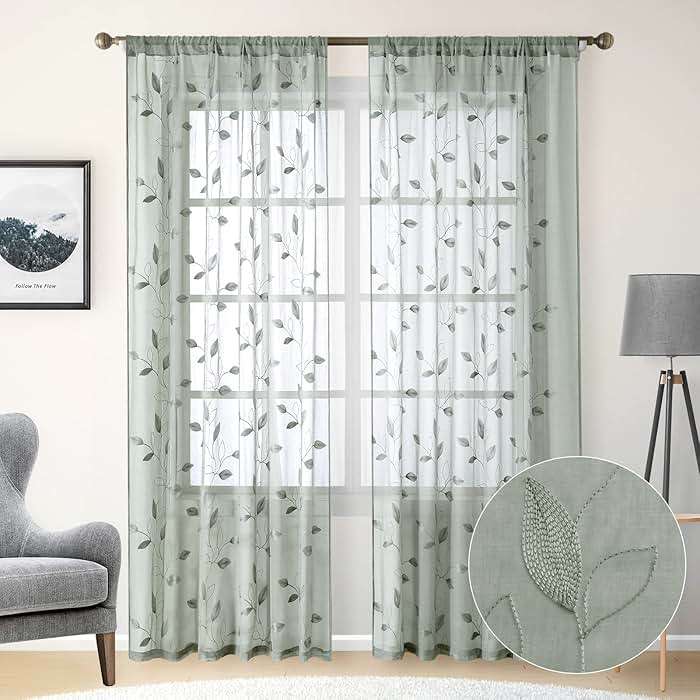 HOMEIDEAS Sage Green Sheer Curtains 52 X 84 Inches Long 2 Panels Embroidered Leaf Pattern Pocket Faux Linen Floral Semi Sheer Voile Window Curtains/Drapes for Bedroom Living Room - Image 2