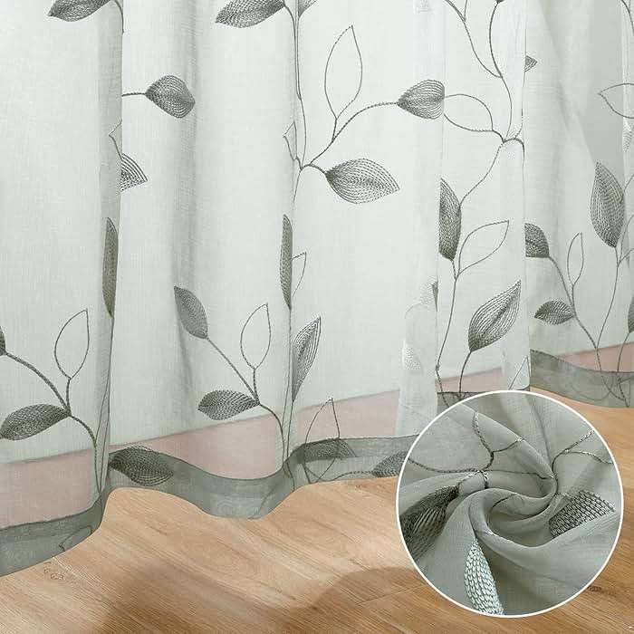 HOMEIDEAS Sage Green Sheer Curtains 52 X 84 Inches Long 2 Panels Embroidered Leaf Pattern Pocket Faux Linen Floral Semi Sheer Voile Window Curtains/Drapes for Bedroom Living Room - Image 7