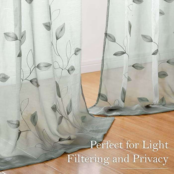 HOMEIDEAS Sage Green Sheer Curtains 52 X 84 Inches Long 2 Panels Embroidered Leaf Pattern Pocket Faux Linen Floral Semi Sheer Voile Window Curtains/Drapes for Bedroom Living Room - Image 8