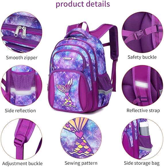 Cusangel Kids Backpack for Girls Preschool Elementary Kindergarten Mermaid School Bag 15.6″ Multifunctional Cute Large Capacity - Image 3