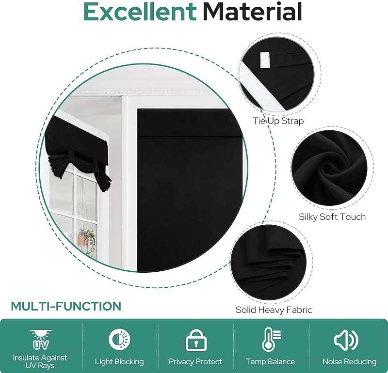 HOMEIDEAS Blackout French Privacy Door Curtains for Door Window,Curtains for Glass, Thermal Insulated Tie Up Shade Window Covering for Bedroom, Black, W26 X L40 Inch, 1 Panel - Image 6