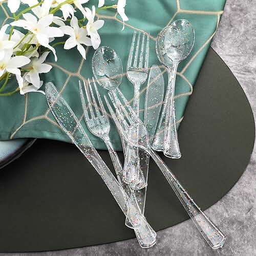 Supernal 360pcs Clear Plastic Silverware, Glitter Disposable Cutlery with Colorful Design,120 Forks,120 Knives,120 Spoons,Perfect for Parties Birthday - Image 4