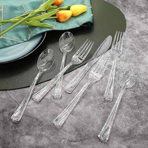 Supernal 360pcs Clear Plastic Silverware, Glitter Disposable Cutlery with Colorful Design,120 Forks,120 Knives,120 Spoons,Perfect for Parties Birthday - Image 5