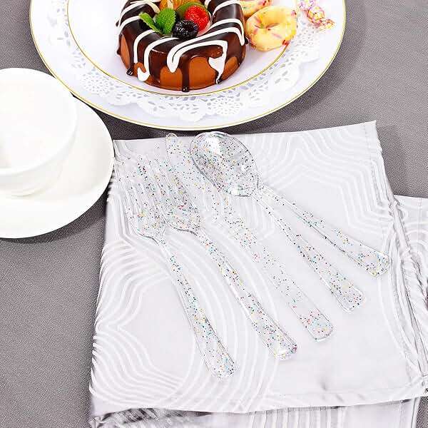 Supernal 360pcs Clear Plastic Silverware, Glitter Disposable Cutlery with Colorful Design,120 Forks,120 Knives,120 Spoons,Perfect for Parties Birthday - Image 7