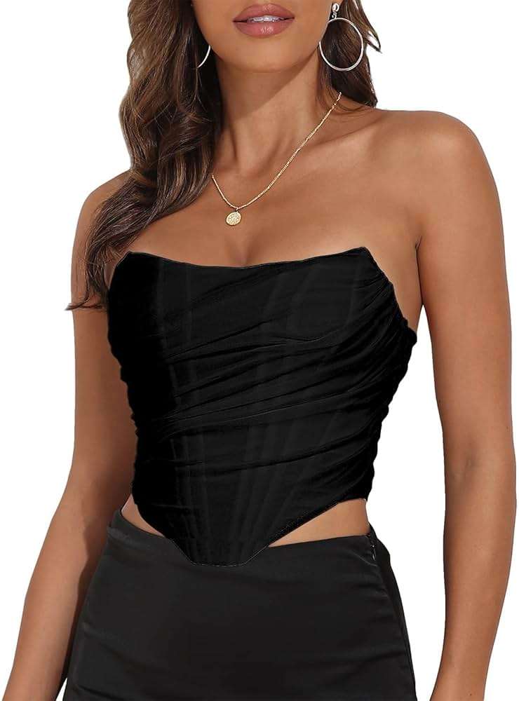 Women's Vintage Strapless Open Back Boned Mesh Bustier Zip Back Corset Bodyshaper Crop Top - Image 1