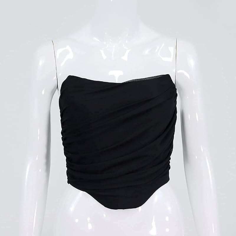 Women's Vintage Strapless Open Back Boned Mesh Bustier Zip Back Corset Bodyshaper Crop Top - Image 5