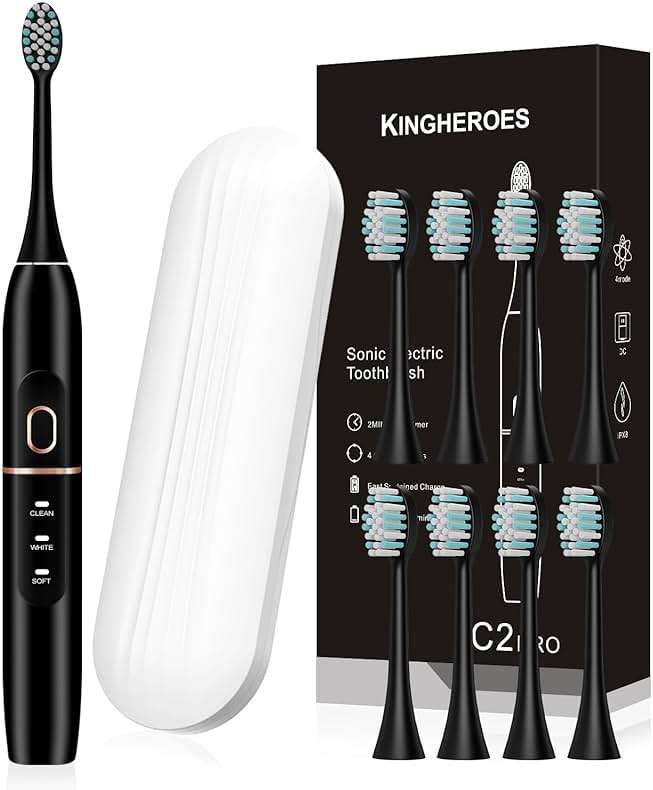 kingheroes Electric Toothbrush Set, Comes with 8 Brush Heads & Travel Case,4 Modes with 2 Minutes Built in Smart Timer, One Charge for 60 Days, 42000 VPM Motor (Black) - Image 1