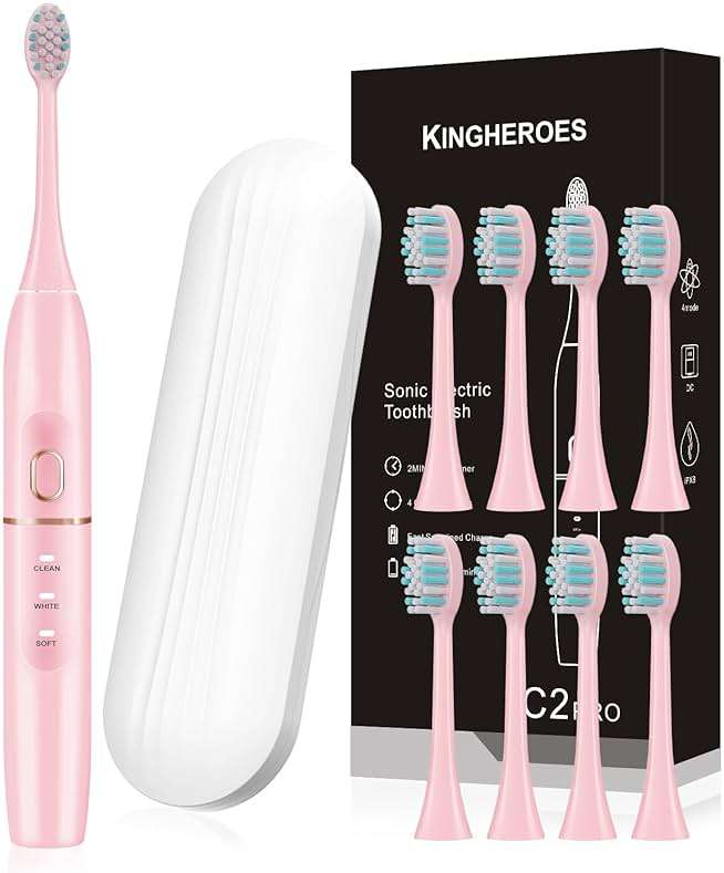 kingheroes Electric Toothbrush Set, Comes with 8 Brush Heads & Travel Case,4 Modes with 2 Minutes Built in Smart Timer, One Charge for 60 Days, 42000 VPM Motor (Pink) - Image 1