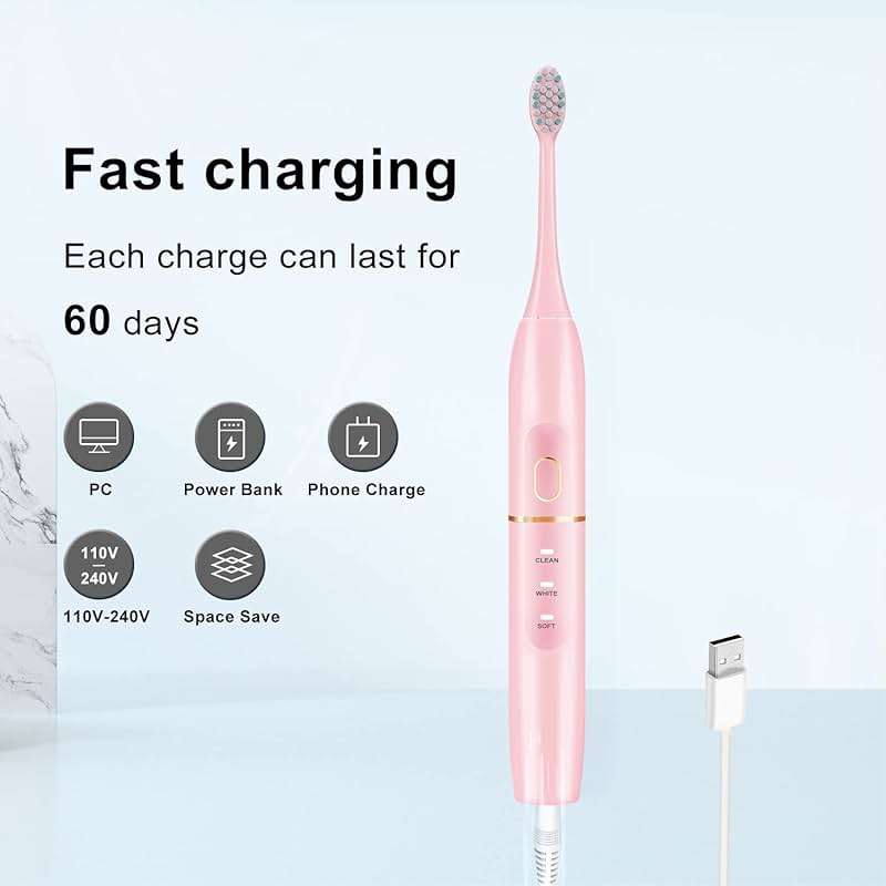 kingheroes Electric Toothbrush Set, Comes with 8 Brush Heads & Travel Case,4 Modes with 2 Minutes Built in Smart Timer, One Charge for 60 Days, 42000 VPM Motor (Pink) - Image 6