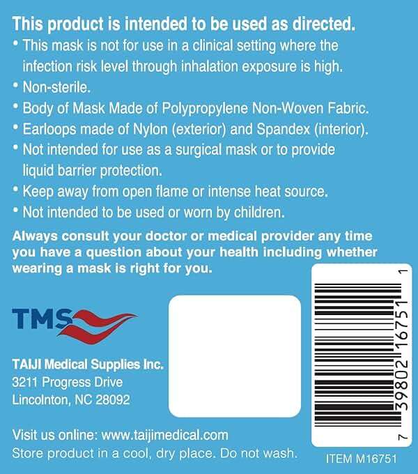 TAIJI Medical Supplies TMS Consumer Series 3-Layer Face Mask by US98, Made in USA F3502 LV2 96% Filtration, Soft, Hypoallergenic and Highly Breathable, Premium Latex-free, Single-Use, 50-Count Box. - Image 3