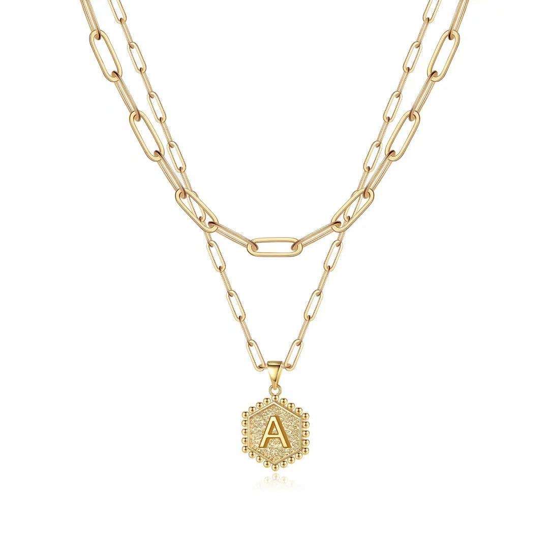 M MOOHAM Dainty Initial Necklaces for Women, 14K-Gold-Plated Layering Necklace for Women Cute Hexagon Letter Initial Necklace Layered Necklaces for Womens Teen Girl Gifts - Image 1