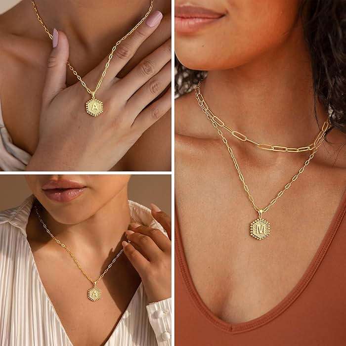 M MOOHAM Dainty Initial Necklaces for Women, 14K-Gold-Plated Layering Necklace for Women Cute Hexagon Letter Initial Necklace Layered Necklaces for Womens Teen Girl Gifts - Image 4