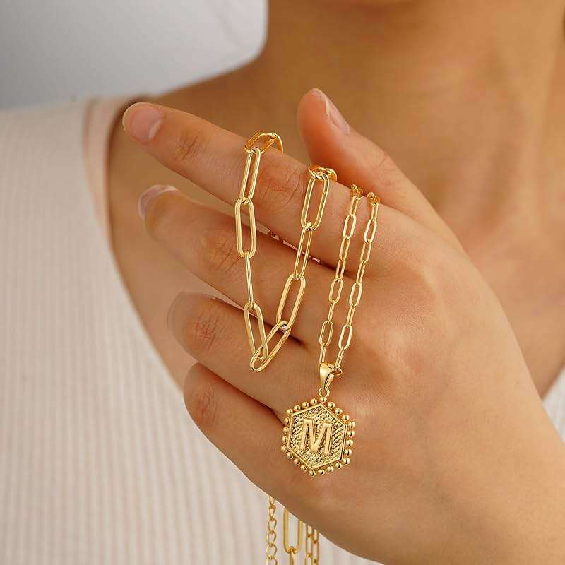 M MOOHAM Dainty Initial Necklaces for Women, 14K-Gold-Plated Layering Necklace for Women Cute Hexagon Letter Initial Necklace Layered Necklaces for Womens Teen Girl Gifts - Image 5