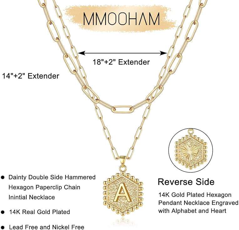 M MOOHAM Dainty Initial Necklaces for Women, 14K-Gold-Plated Layering Necklace for Women Cute Hexagon Letter Initial Necklace Layered Necklaces for Womens Teen Girl Gifts - Image 6
