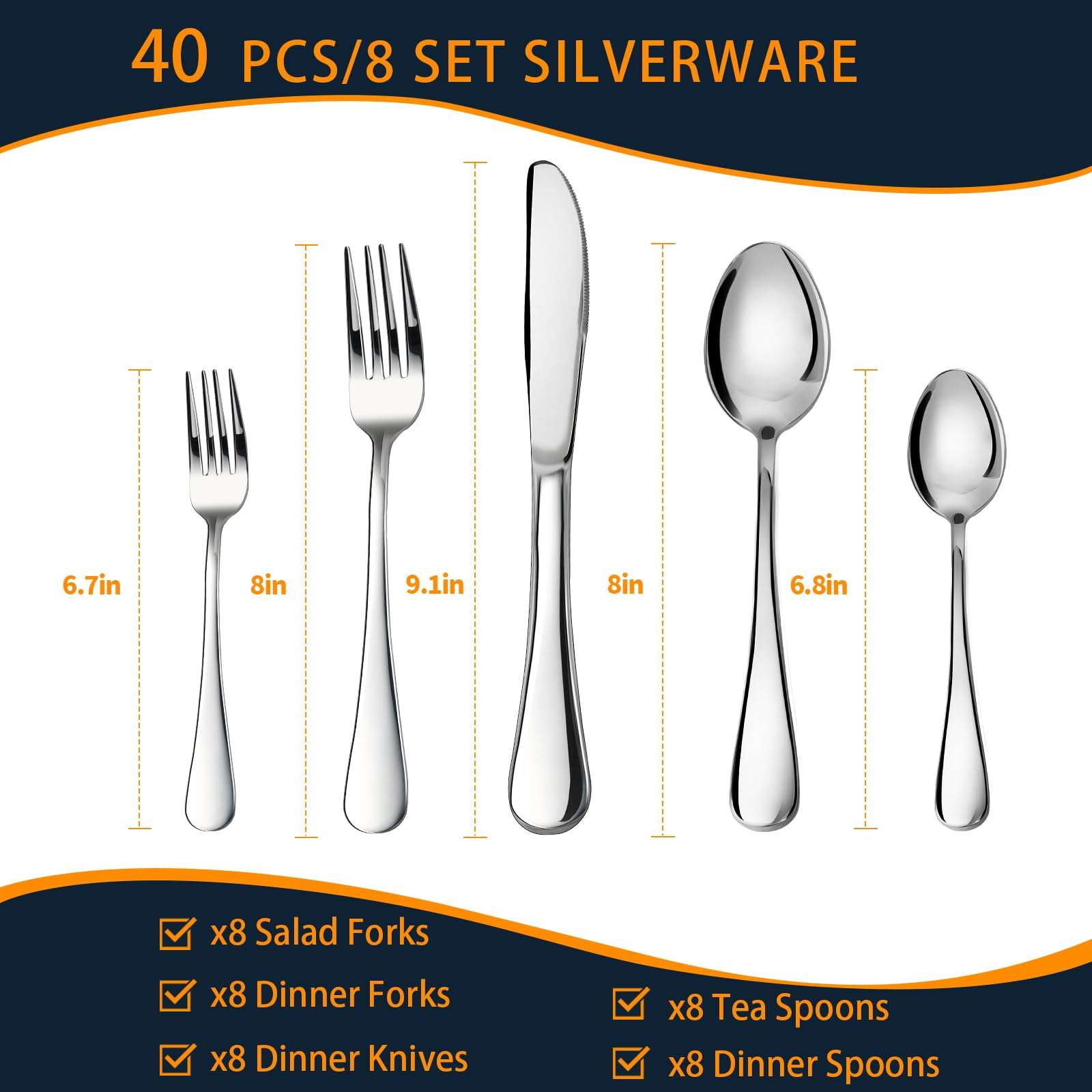NICE KITCHEN Silverware Set, 40 Piece Stainless Steel Cutlery Sets for 8, Heavy Duty Flatware, Mirror Polished Forks Spoons and Knives Set, Reusable Utensils for Home Kitchen, Dishwasher Safe - Image 4