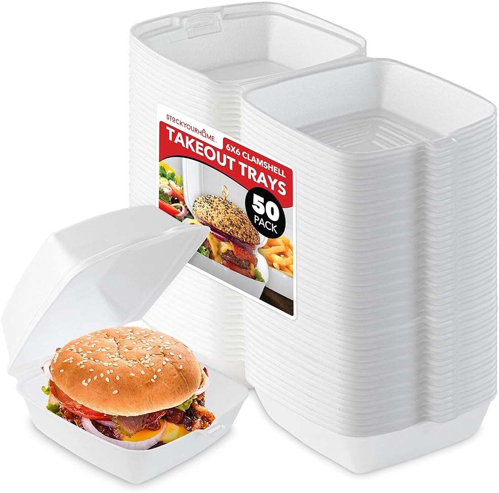 Stock Your Home 6x6 Clamshell Take Out Boxes (50 Pack) Small 1-Compartment Foam Food Containers Disposable Lunch Container, Restaurant Togo Trays with Hinged Lids for Takeout, Carryout, and Meal-Prep - Image 1