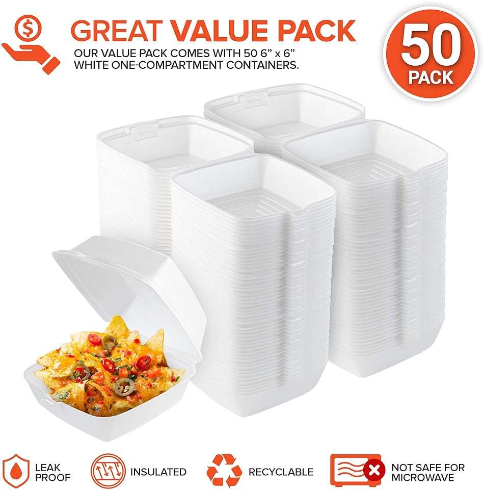 Stock Your Home 6x6 Clamshell Take Out Boxes (50 Pack) Small 1-Compartment Foam Food Containers Disposable Lunch Container, Restaurant Togo Trays with Hinged Lids for Takeout, Carryout, and Meal-Prep - Image 2