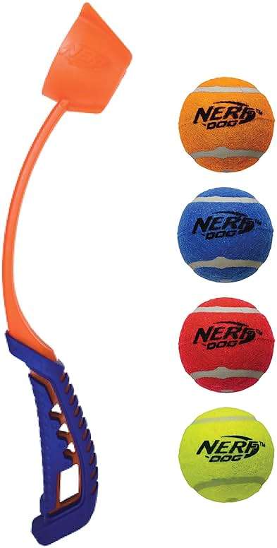 Nerf Dog 5-Piece Dog Toy Gift Set, Includes 13in Air Strike Launcher and 2in Squeak Tennis Ball 4-Pack, Nerf Tough Material, Multicolored - Image 2