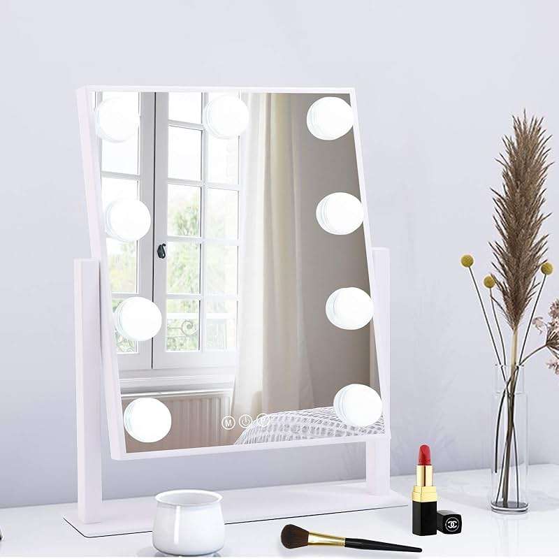 BWLLNI Lighted Makeup Mirror Hollywood Mirror Vanity Mirror with Lights, Touch Control Design 3 Colors Dimable LED Bulbs, Detachable 10X Magnification, 360°Rotation, (White) 12" L x 14" W - Image 1
